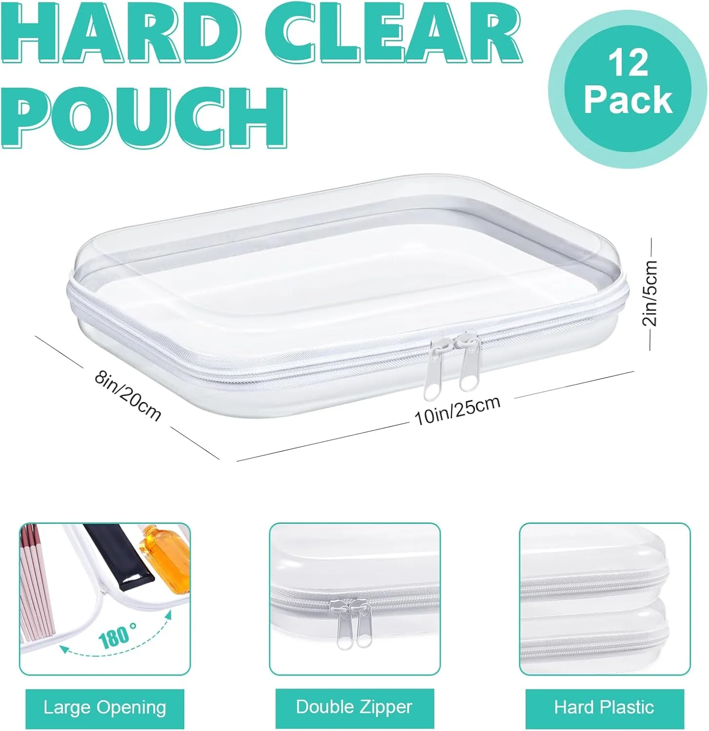 12 Pack Clear Hard Zipper Cases Transparent Hard Plastic Zipper Pouches Durable PVC Makeup Bags Cosmetic Snack Storage Organizer, Travel & Home Essentials (White, 10 x 8 x 2 Inch)