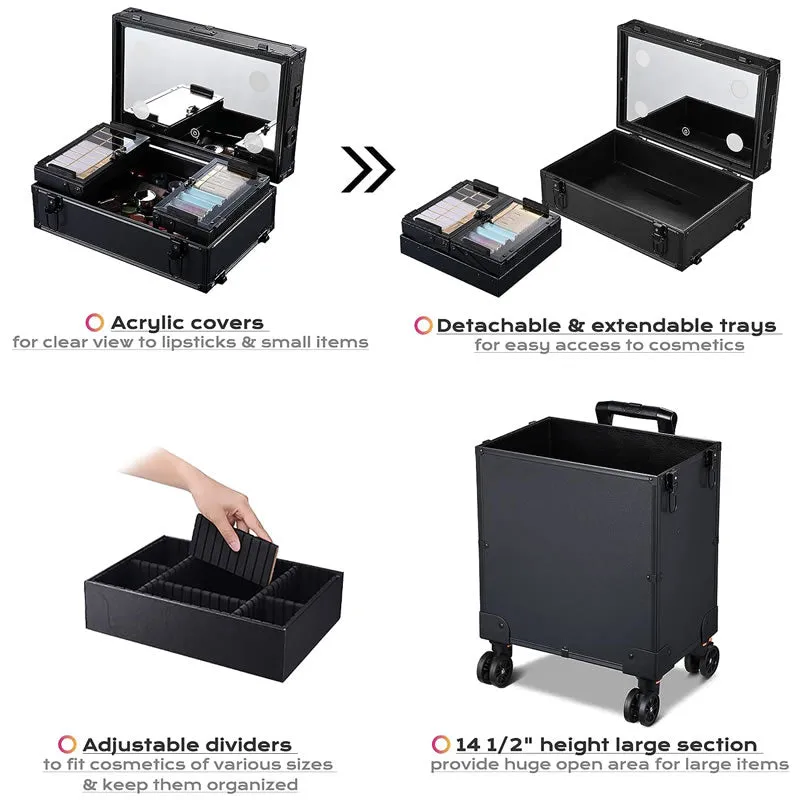 4-In-1Professional Aluminum Rolling Makeup Case With 4 Led Lights -Y216