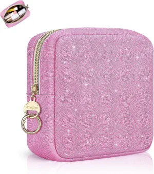 5.7" Small Makeup Bag, Glitter Cosmetics Bag for Purse, Portable Small Travel Makeup Pouch with Ring Buckle (Pink)