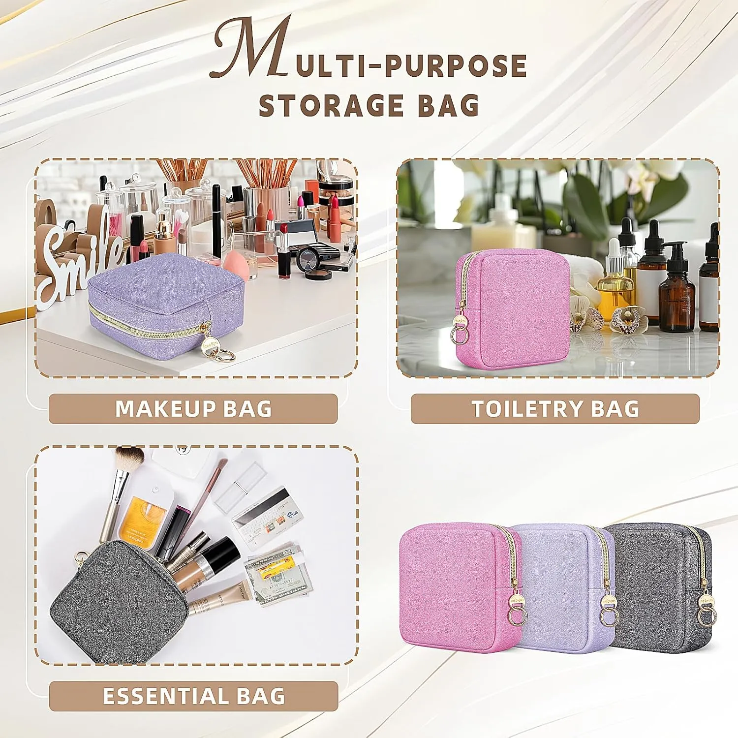 5.7" Small Makeup Bag, Glitter Cosmetics Bag for Purse, Portable Small Travel Makeup Pouch with Ring Buckle (Pink)
