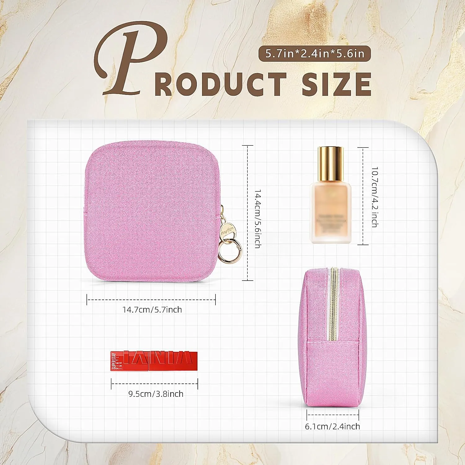 5.7" Small Makeup Bag, Glitter Cosmetics Bag for Purse, Portable Small Travel Makeup Pouch with Ring Buckle (Pink)