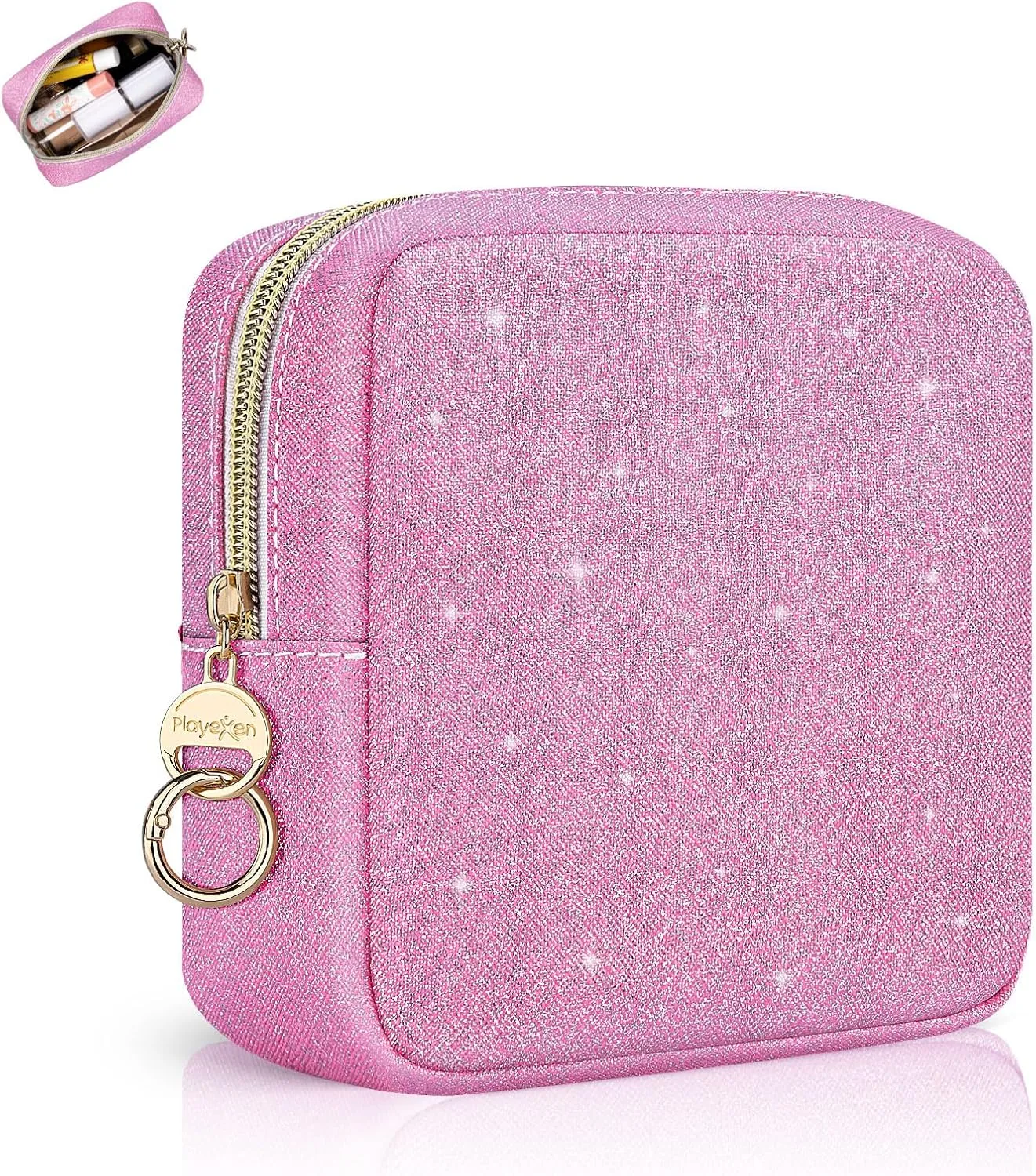 5.7" Small Makeup Bag, Glitter Cosmetics Bag for Purse, Portable Small Travel Makeup Pouch with Ring Buckle (Pink)