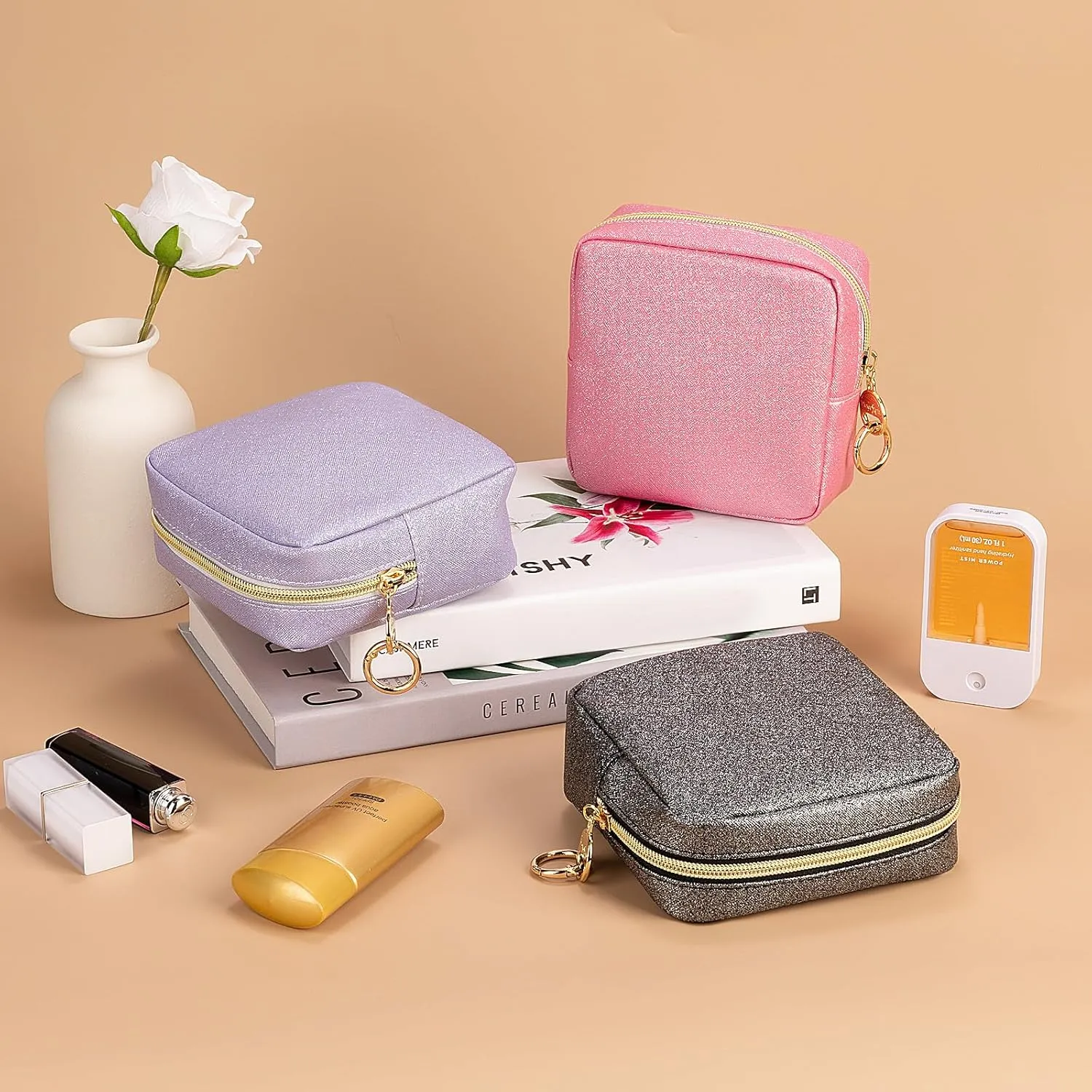 5.7" Small Makeup Bag, Glitter Cosmetics Bag for Purse, Portable Small Travel Makeup Pouch with Ring Buckle (Purple)