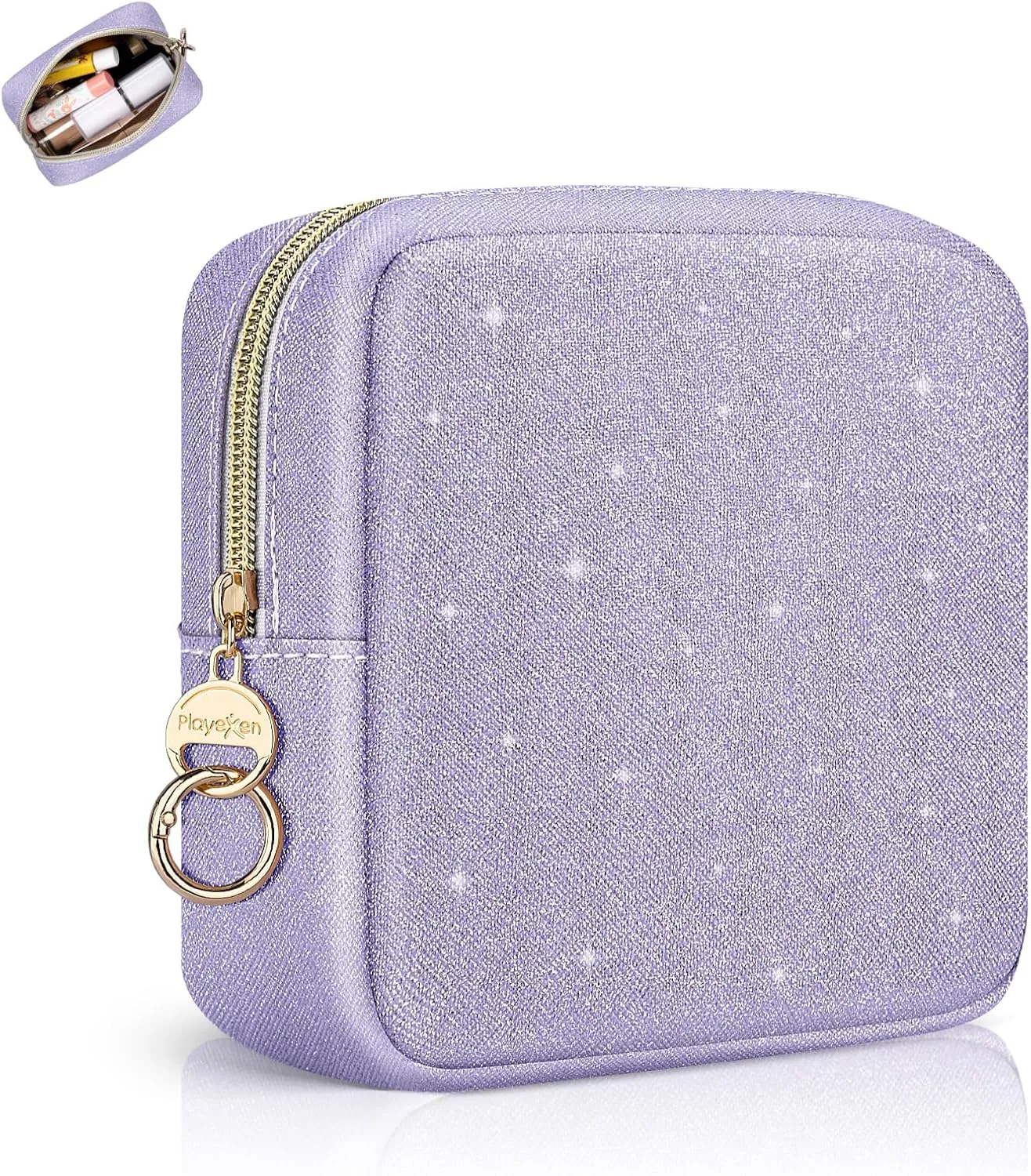 5.7" Small Makeup Bag, Glitter Cosmetics Bag for Purse, Portable Small Travel Makeup Pouch with Ring Buckle (Purple)