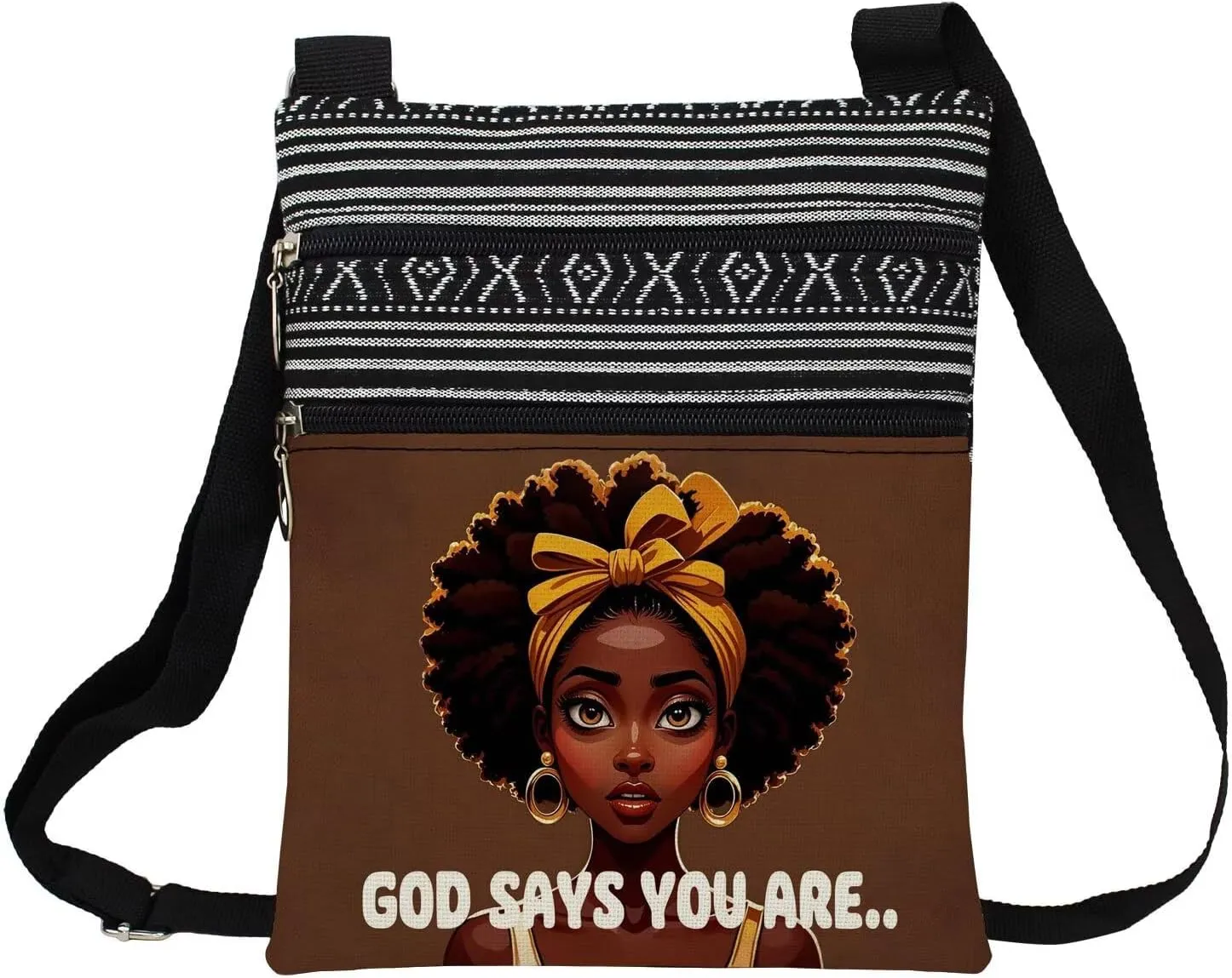 African American Messenger Bag Small Ethnic Pattern Printed Adjustable Strap Crossbody Zipper Pouch Brown Inspiring Phone Organizer Wallet Cute Shoulder Handbag for Black Women