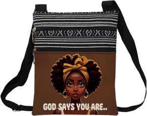 African American Messenger Bag Small Ethnic Pattern Printed Adjustable Strap Crossbody Zipper Pouch Brown Inspiring Phone Organizer Wallet Cute Shoulder Handbag for Black Women