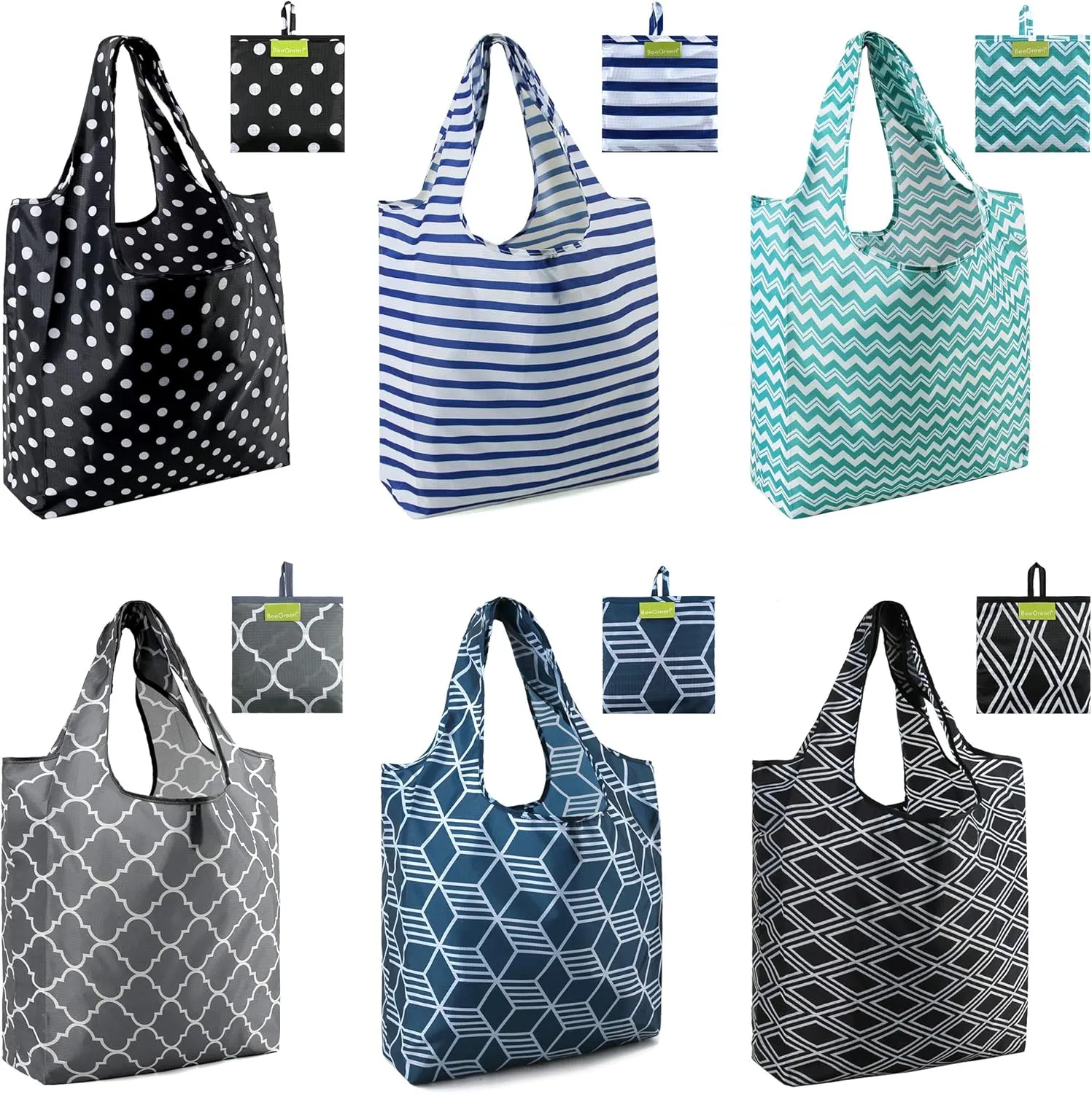 BeeGreen Foldable Reusable Grocery Bags - Heavy Duty 6 Pack with Handles | Large Holiday Gift for Women & Men, Birthday Gift Ideas,Collapsible Cloth Storage for Market Trips, Beach Outings