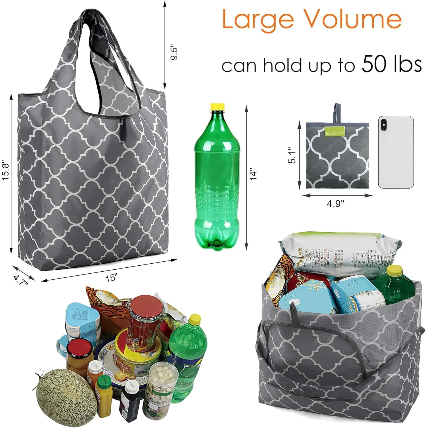 BeeGreen Foldable Reusable Grocery Bags - Heavy Duty 6 Pack with Handles | Large Holiday Gift for Women & Men, Birthday Gift Ideas,Collapsible Cloth Storage for Market Trips, Beach Outings