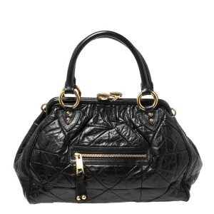Black Crinkled Leather Stam Satchel