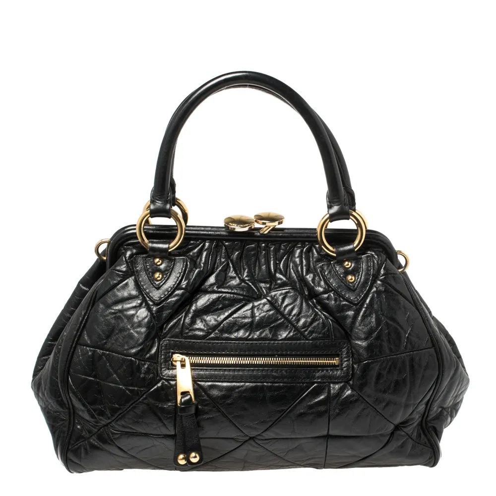 Black Crinkled Leather Stam Satchel