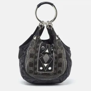 Black Leather Embellished Ring Handle Hobo