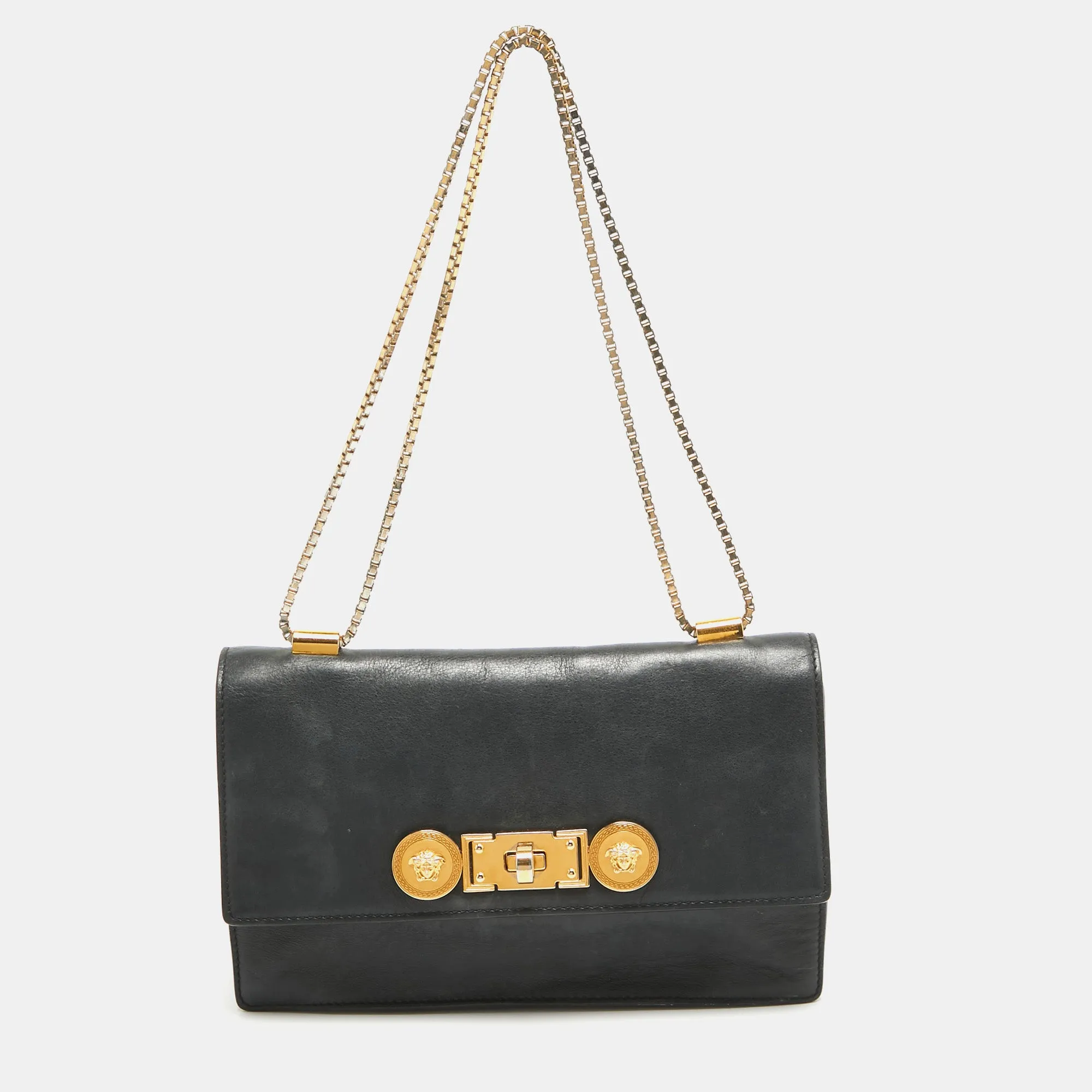Black Leather Icon Medusa Chain Bag