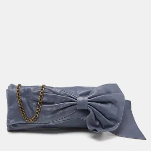 Blue Leather Bow Chain Clutch