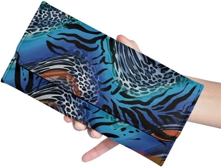 Blue Zebra Leopard Women's Clutch Organizer Novelty Animal Skin Printed Trifold Card Holder Tall Billfold Zebra Cash Wallet With ID Window Holiday Gifts for Women