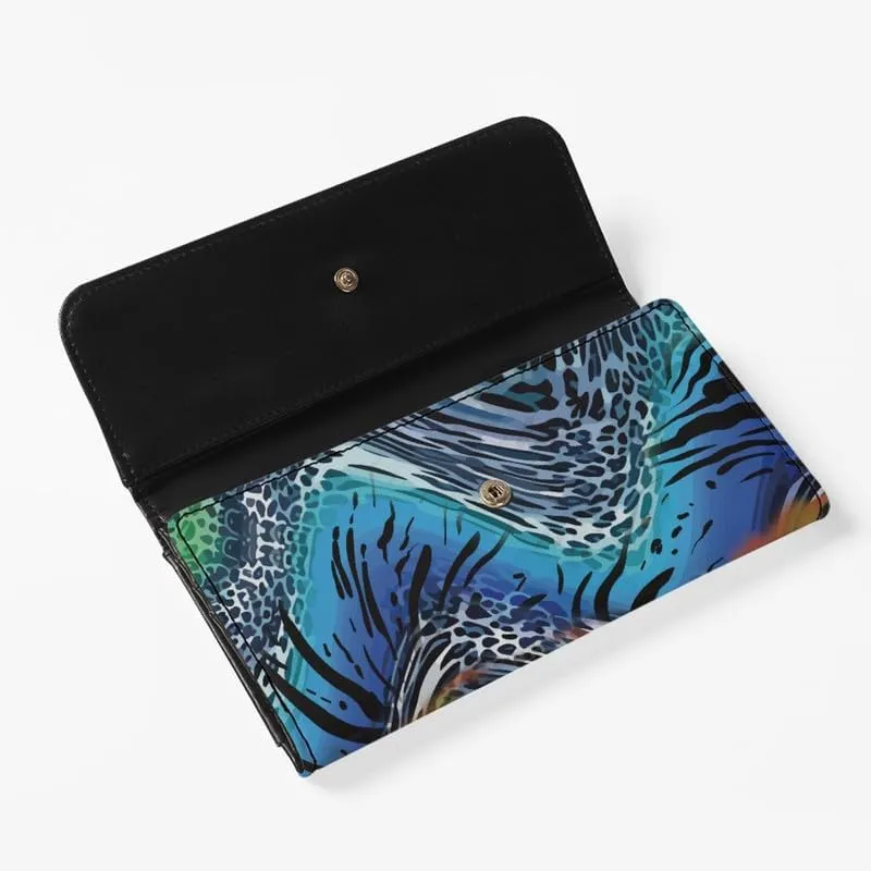 Blue Zebra Leopard Women's Clutch Organizer Novelty Animal Skin Printed Trifold Card Holder Tall Billfold Zebra Cash Wallet With ID Window Holiday Gifts for Women
