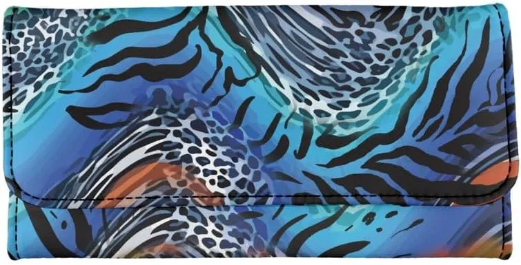 Blue Zebra Leopard Women's Clutch Organizer Novelty Animal Skin Printed Trifold Card Holder Tall Billfold Zebra Cash Wallet With ID Window Holiday Gifts for Women