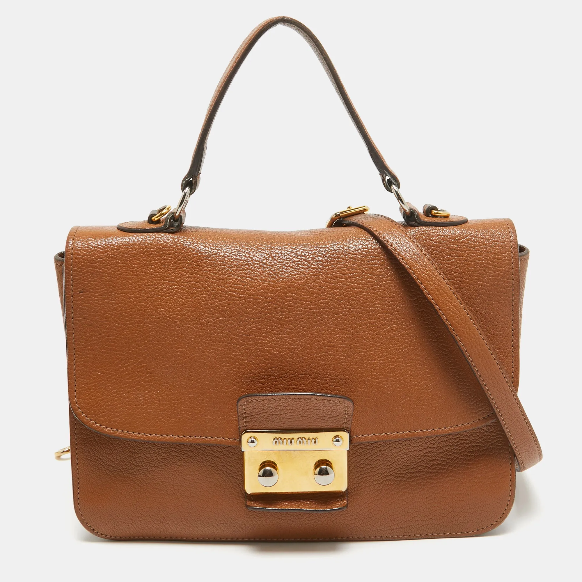 Brown Madras Leather Pushlock Flap Top Handle Bag