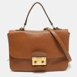 Brown Madras Leather Pushlock Flap Top Handle Bag