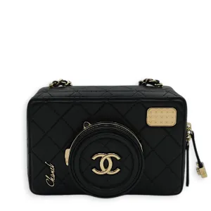 Camera Black Crossbody Bag in Lambskin, Gold hardware