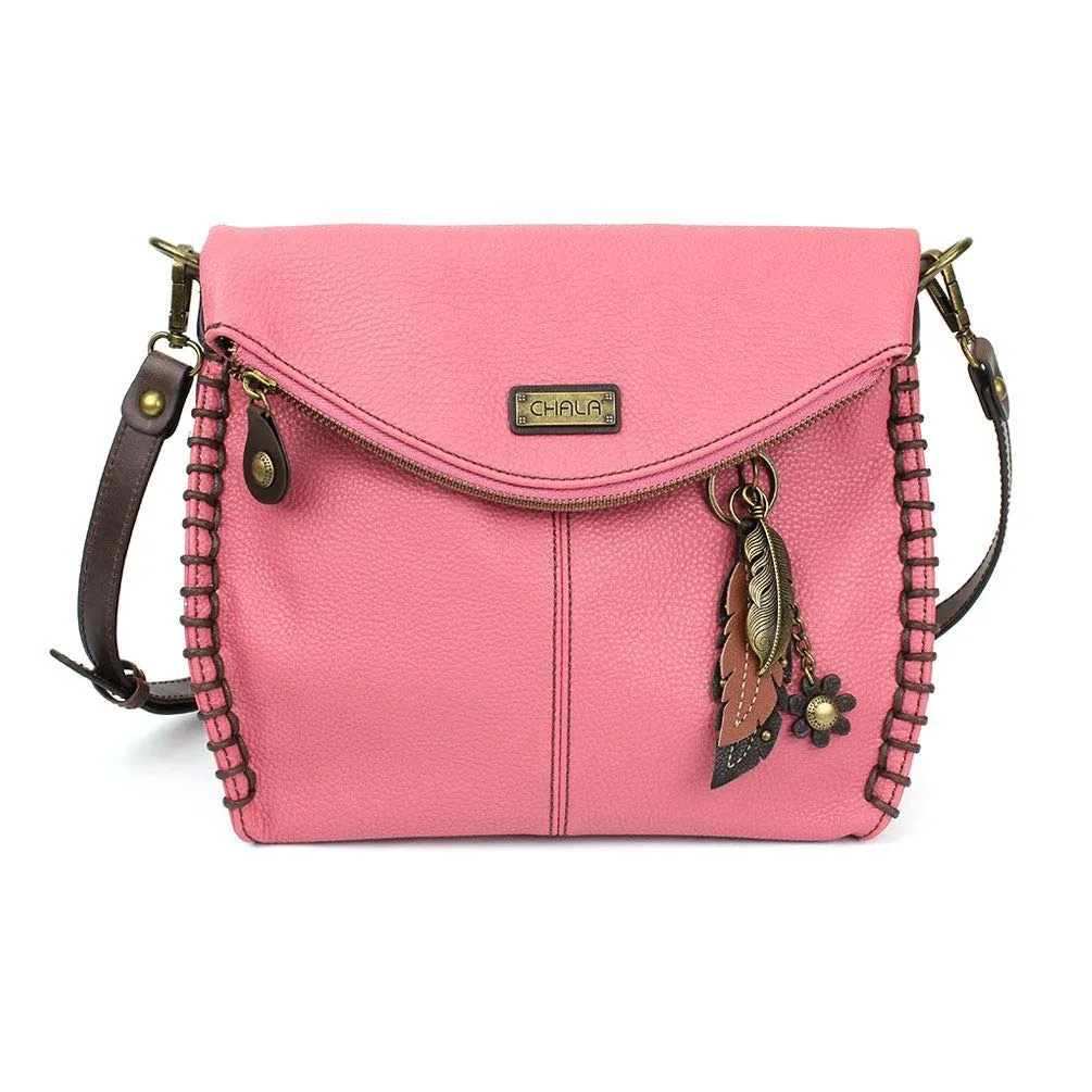 Chala Charming Crossbody Bag With Flap Top | Flap and Zipper Cross-Body Purse or Shoulder Handbag with Metal Chain - Pink