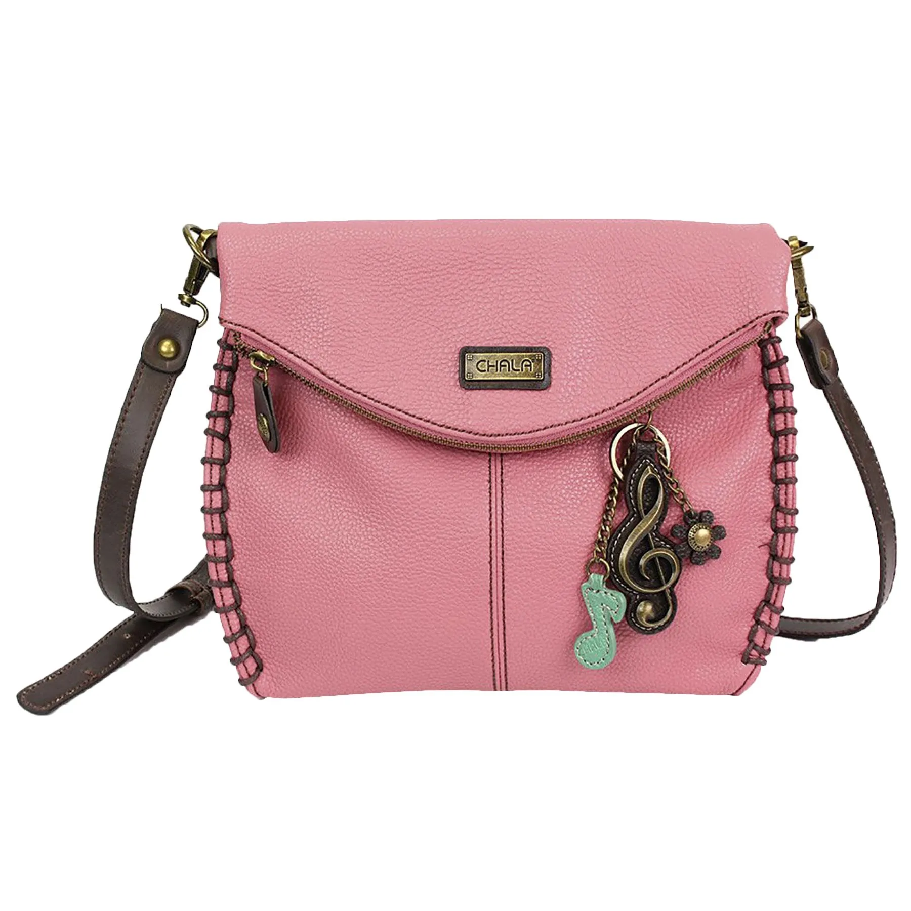 Chala Charming Crossbody Bag With Flap Top | Flap and Zipper Cross-Body Purse or Shoulder Handbag with Metal Chain - Pink