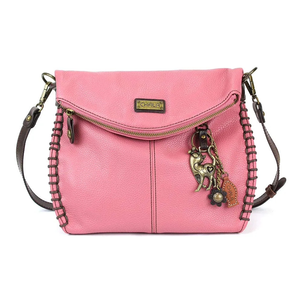 Chala Charming Crossbody Bag With Flap Top | Flap and Zipper Cross-Body Purse or Shoulder Handbag with Metal Chain - Pink