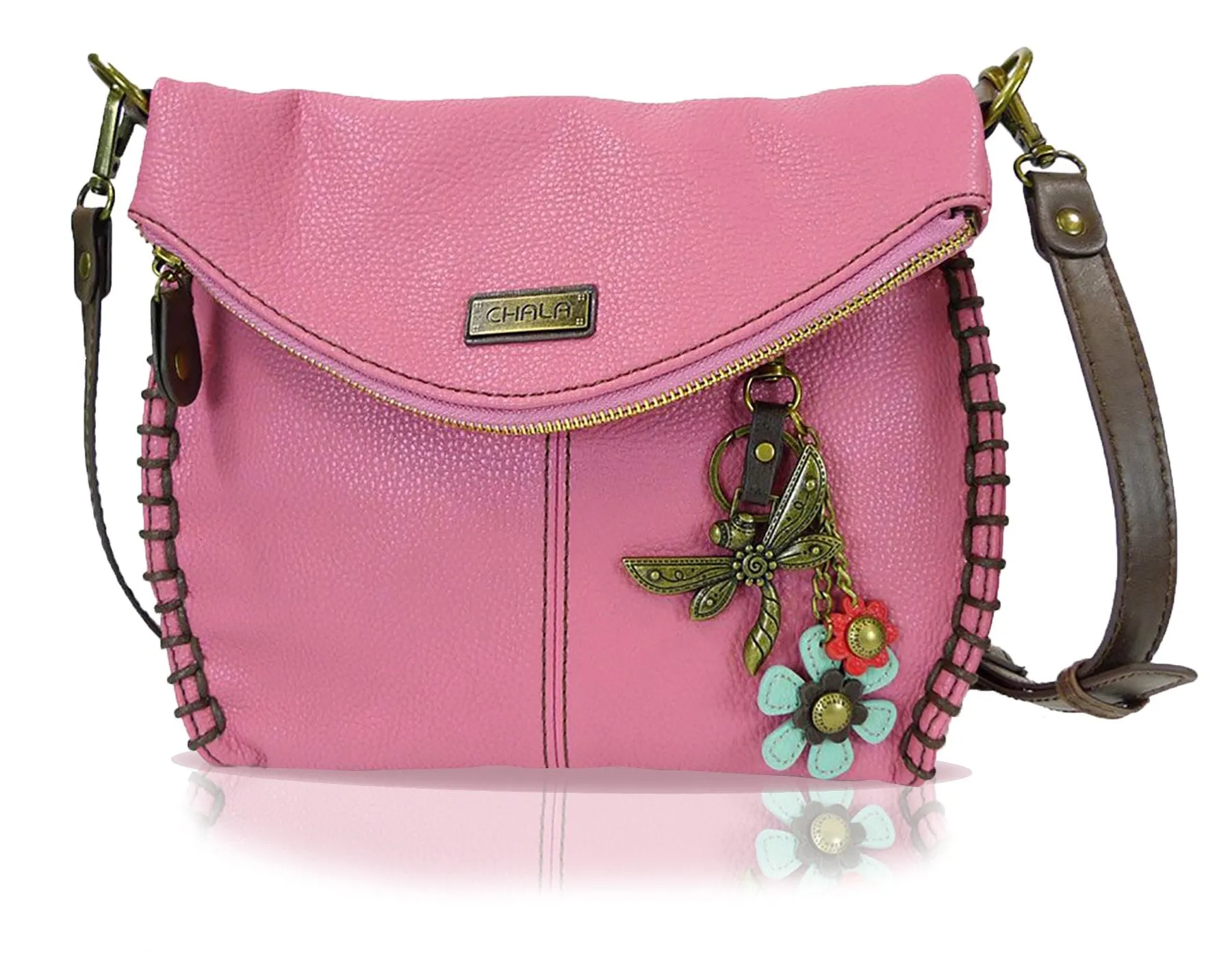 Chala Charming Crossbody Bag With Flap Top | Flap and Zipper Cross-Body Purse or Shoulder Handbag with Metal Chain - Pink