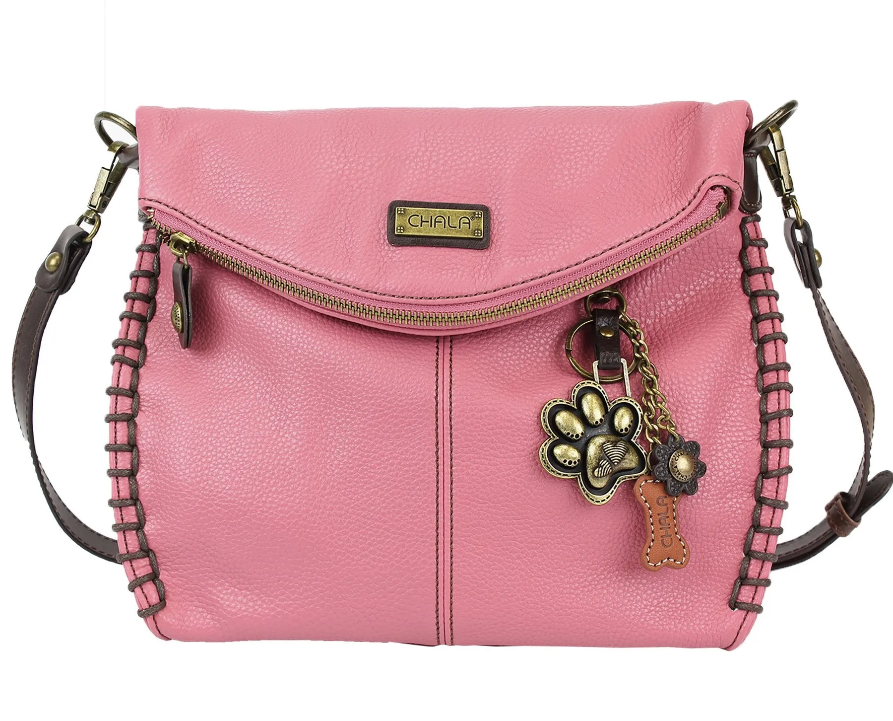 Chala Charming Crossbody Bag With Flap Top | Flap and Zipper Cross-Body Purse or Shoulder Handbag with Metal Chain - Pink