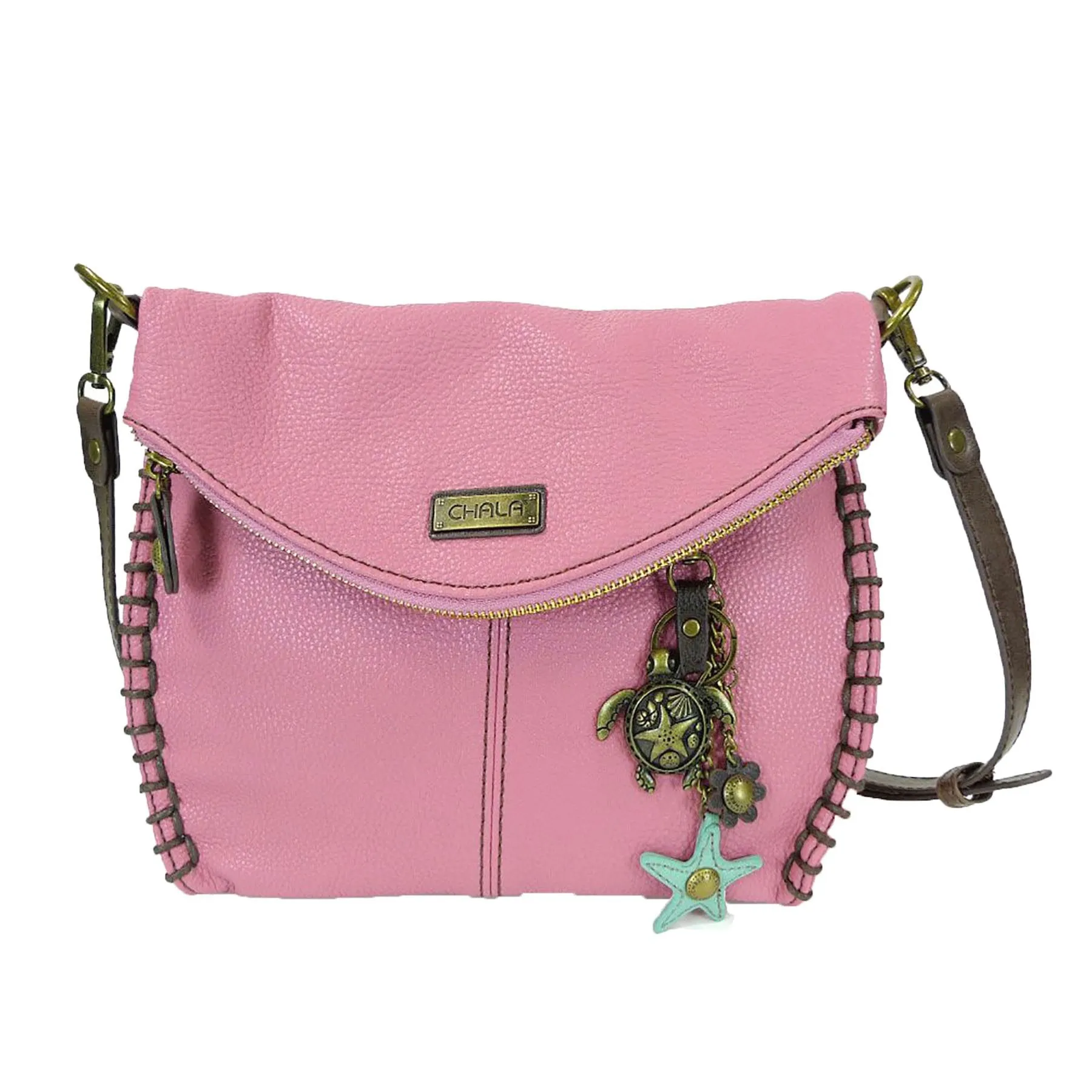 Chala Charming Crossbody Bag With Flap Top | Flap and Zipper Cross-Body Purse or Shoulder Handbag with Metal Chain - Pink