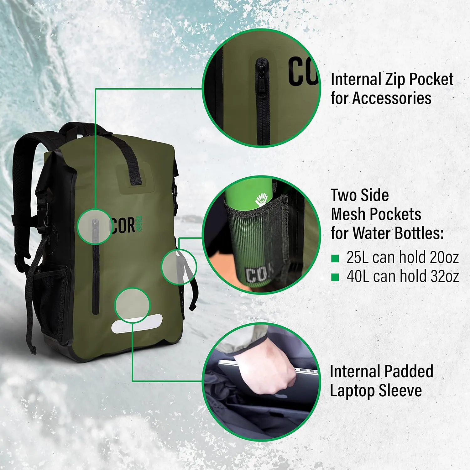 COR Surf 100% Waterproof Heavy Duty Backpack And Dry Backpack For Swimming, Boating Or Kayaking, Roll-top Design With Sonically Welded Seams And Padded Laptop Sleeve (40L, 21 x 15 x 8 Inches)