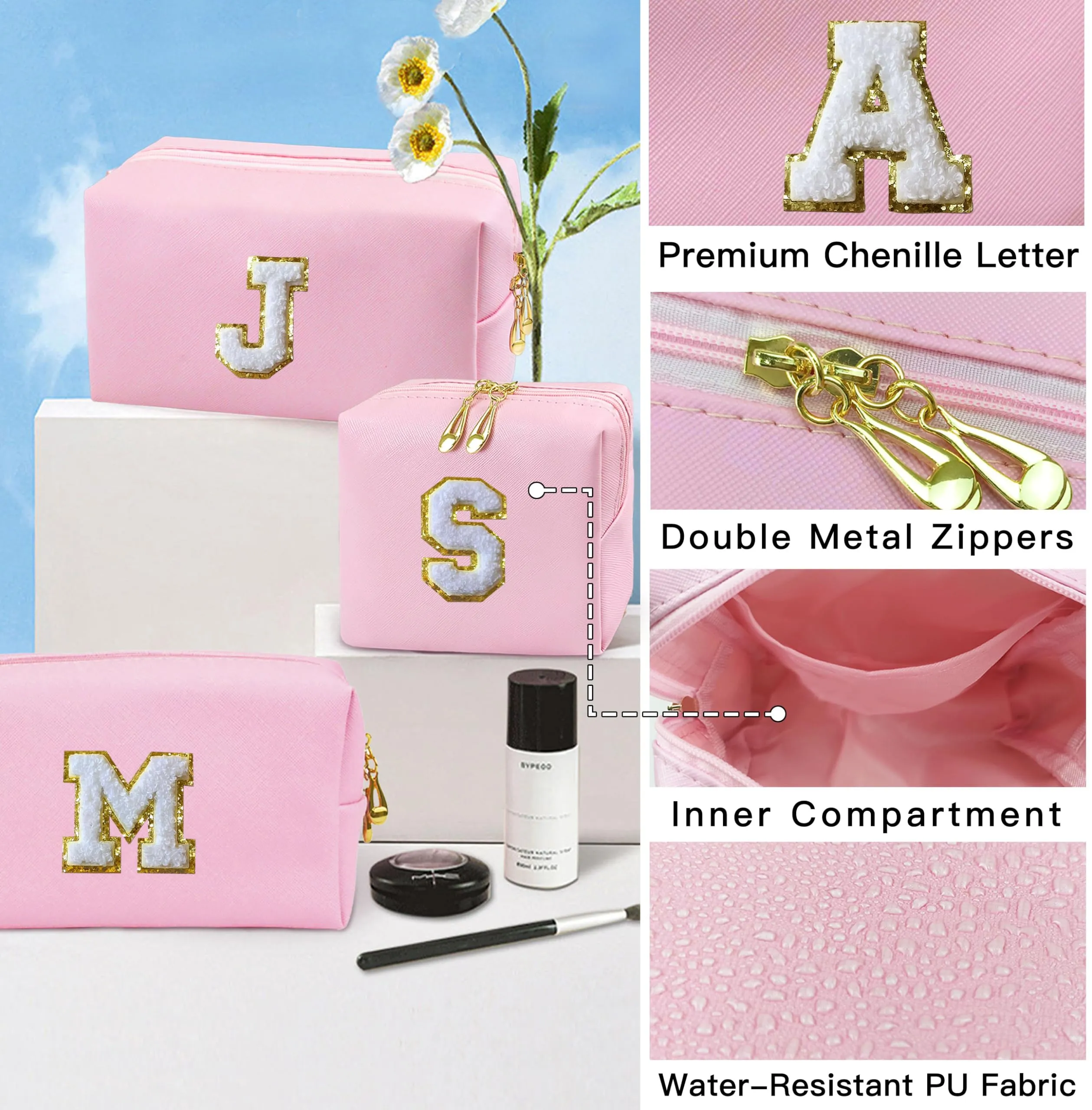 COSHAYSOO Initial Makeup Bag Pack of 2 Small Cosmetic Period Zipper Pouch Sanitary Napkin Storage with Monogram Letter Patch for Dance Teen Girl Nurse Teacher Appreciation Make Up Gift Pink K