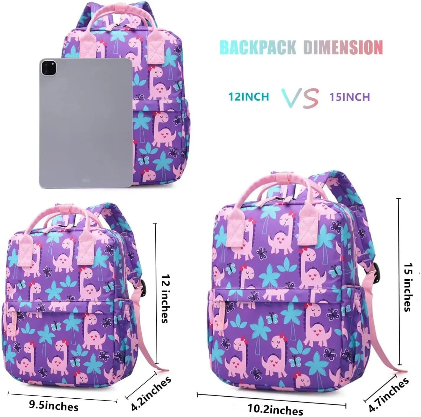 Cute Preschool Backpack Toddler School Book Bag for Girls Boys Kids Kindergarten Nursery Travel Bag with Chest Strap(15inch, Girly Dinosaur)