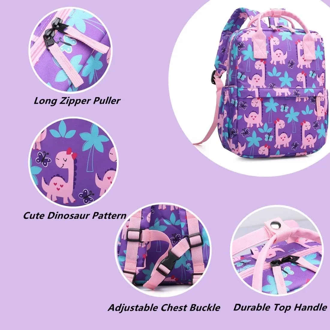 Cute Preschool Backpack Toddler School Book Bag for Girls Boys Kids Kindergarten Nursery Travel Bag with Chest Strap(15inch, Girly Dinosaur)