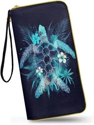 Flowers Sea Turtle Womens Zip Around Wallet Deep Blue Credit Card Holder with Coin Purse, Hawaiian Turtle Print Zipper Wallet Money Organizers