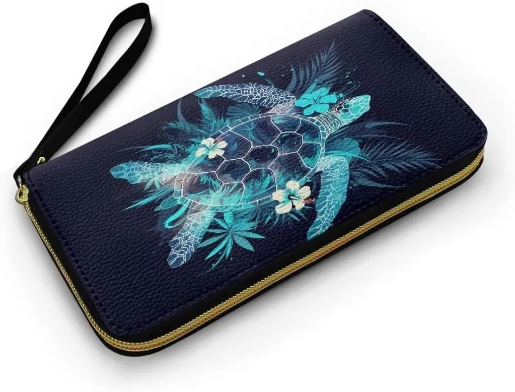 Flowers Sea Turtle Womens Zip Around Wallet Deep Blue Credit Card Holder with Coin Purse, Hawaiian Turtle Print Zipper Wallet Money Organizers