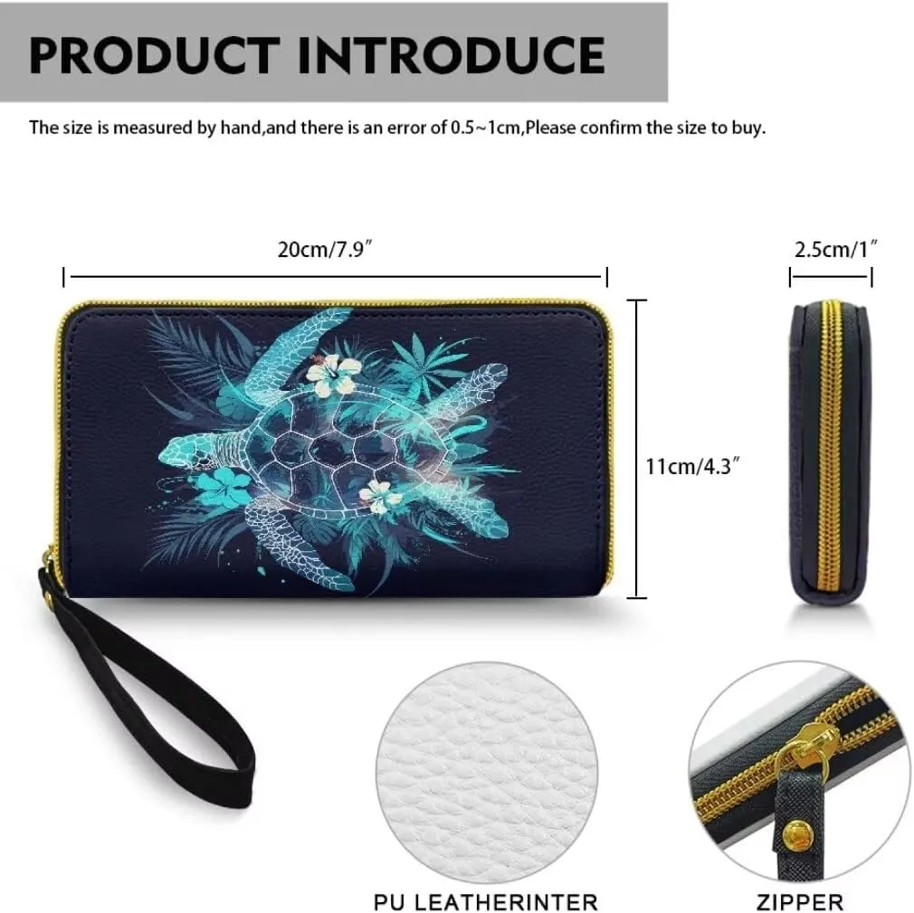 Flowers Sea Turtle Womens Zip Around Wallet Deep Blue Credit Card Holder with Coin Purse, Hawaiian Turtle Print Zipper Wallet Money Organizers
