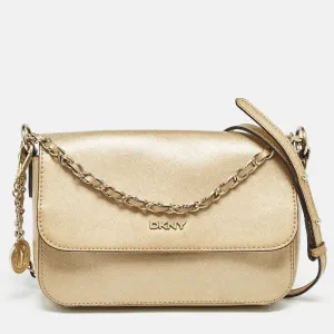 Gold Leather Logo Flap Crossbody Bag