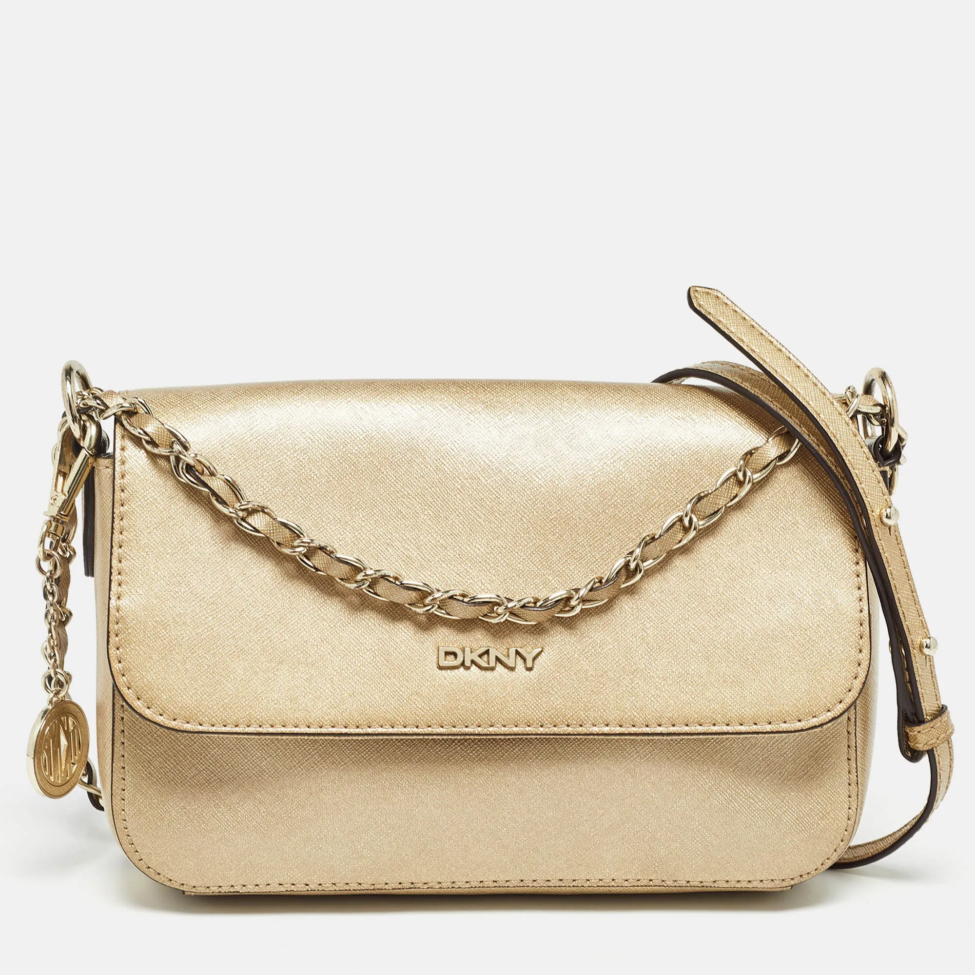 Gold Leather Logo Flap Crossbody Bag