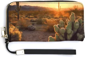 Green Desert Sunset Leather Wallets Zip Around Clutch Bag Ladies Credit Card Holder Clutch Purse for Women