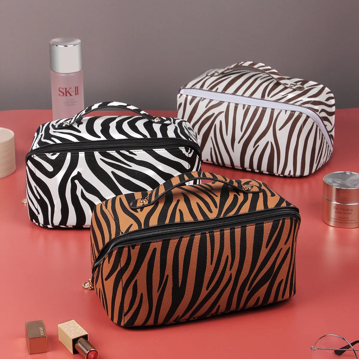 High-quality multifunctional cosmetic bag with zebra pattern and tiger pattern PU leather