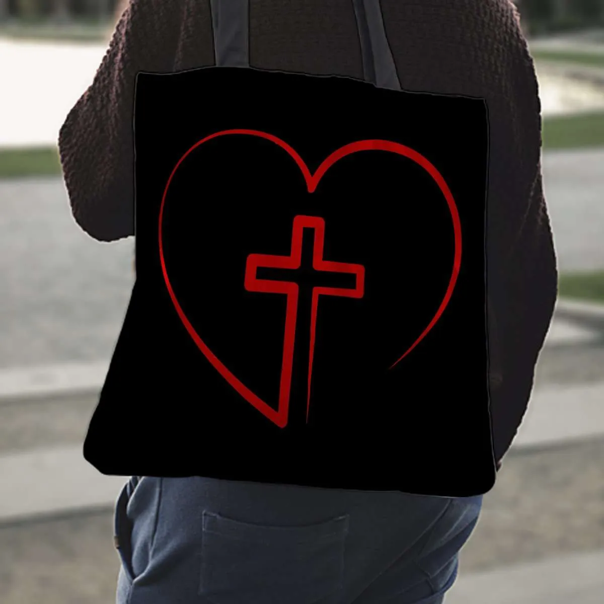 Jesus is inside My Heart Cross inside a Heart Fabric Totebag Reusable Shopping Tote