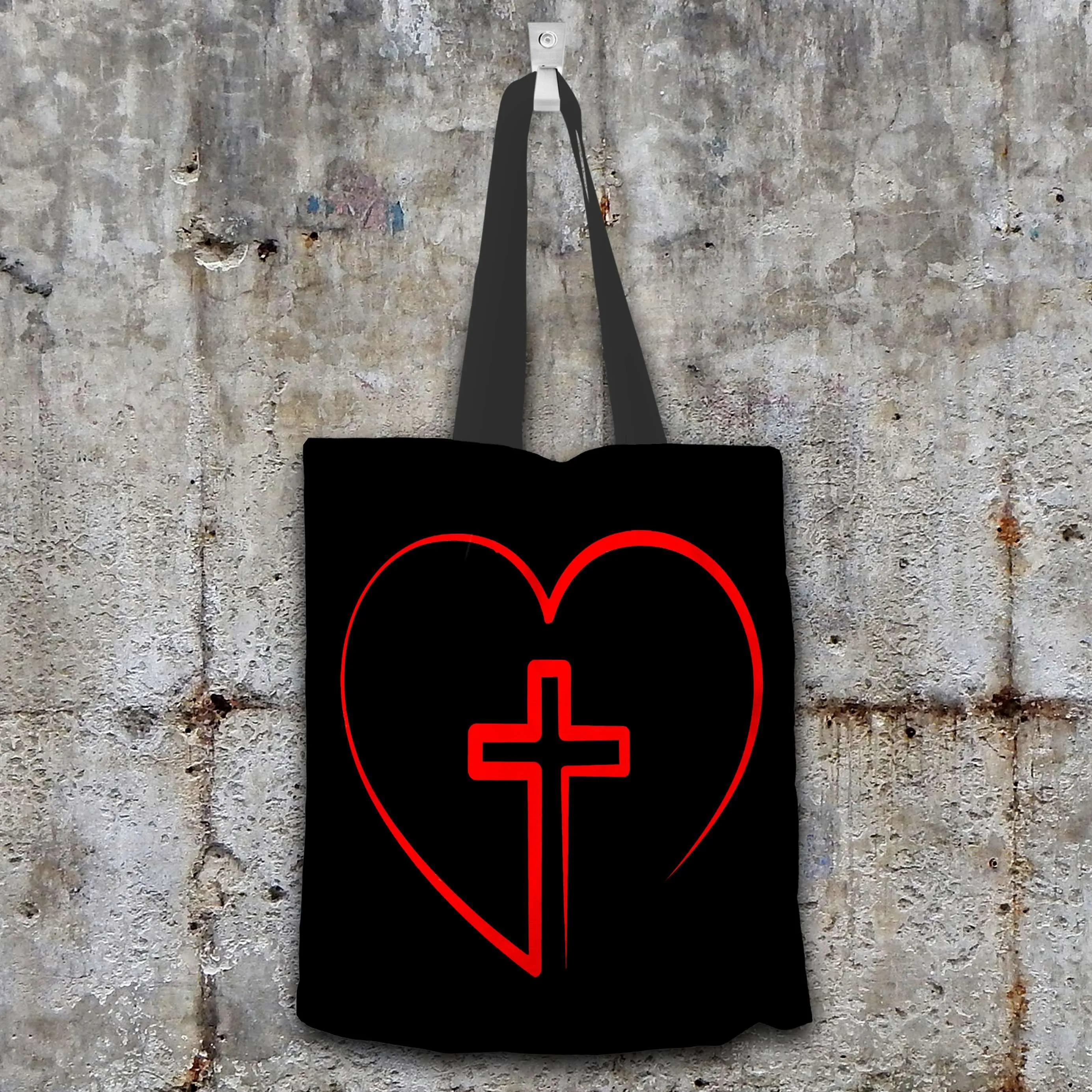 Jesus is inside My Heart Cross inside a Heart Fabric Totebag Reusable Shopping Tote