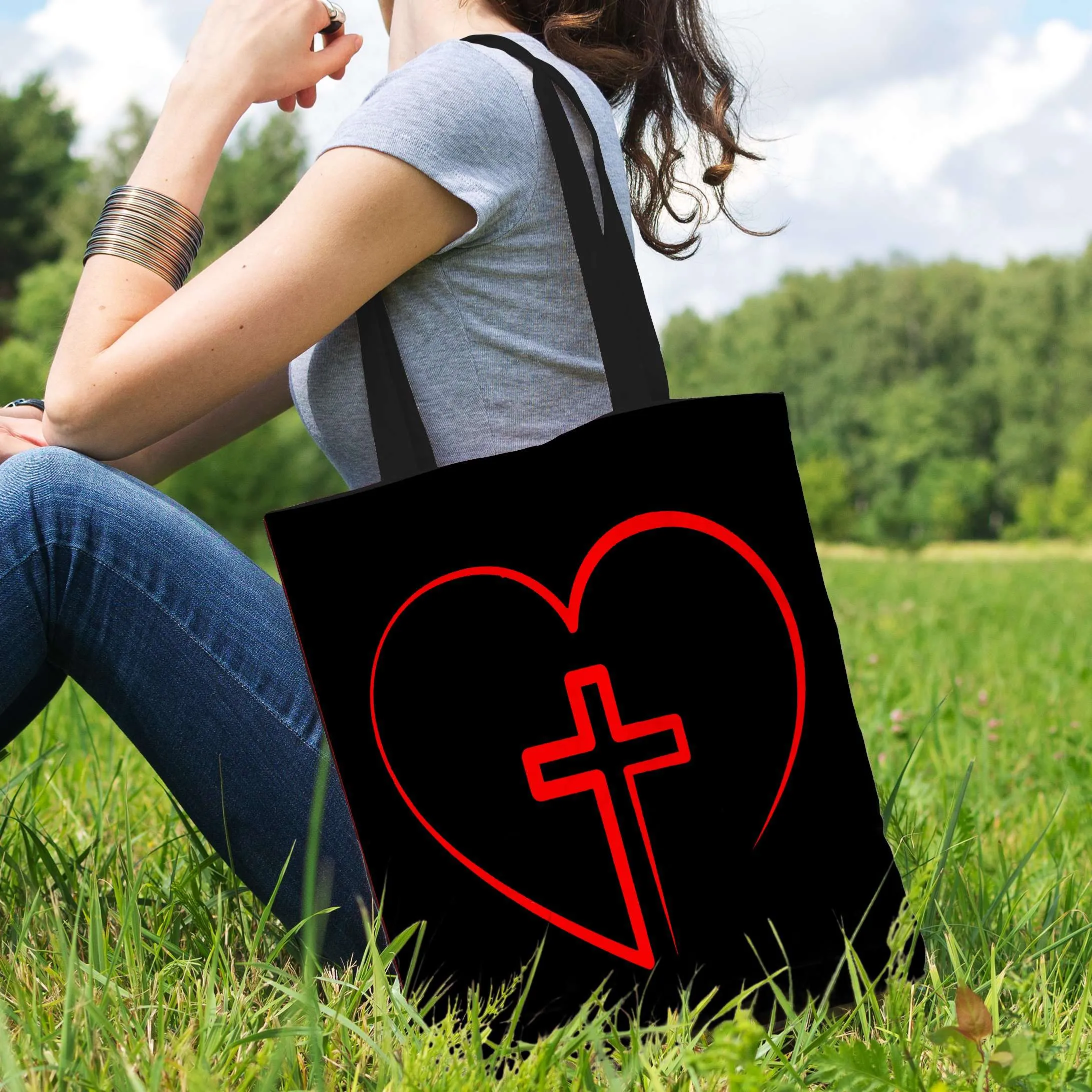 Jesus is inside My Heart Cross inside a Heart Fabric Totebag Reusable Shopping Tote