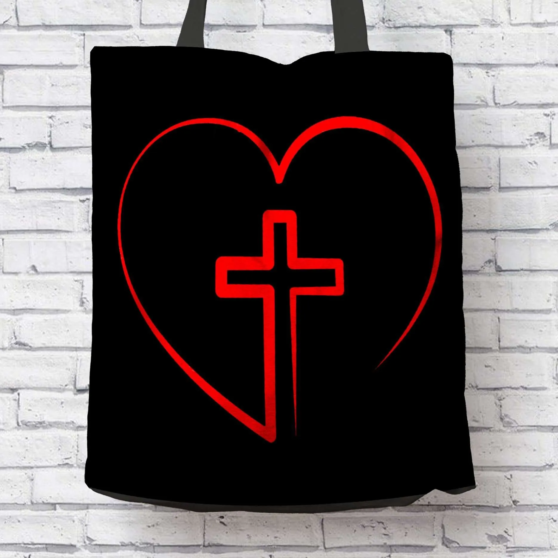 Jesus is inside My Heart Cross inside a Heart Fabric Totebag Reusable Shopping Tote