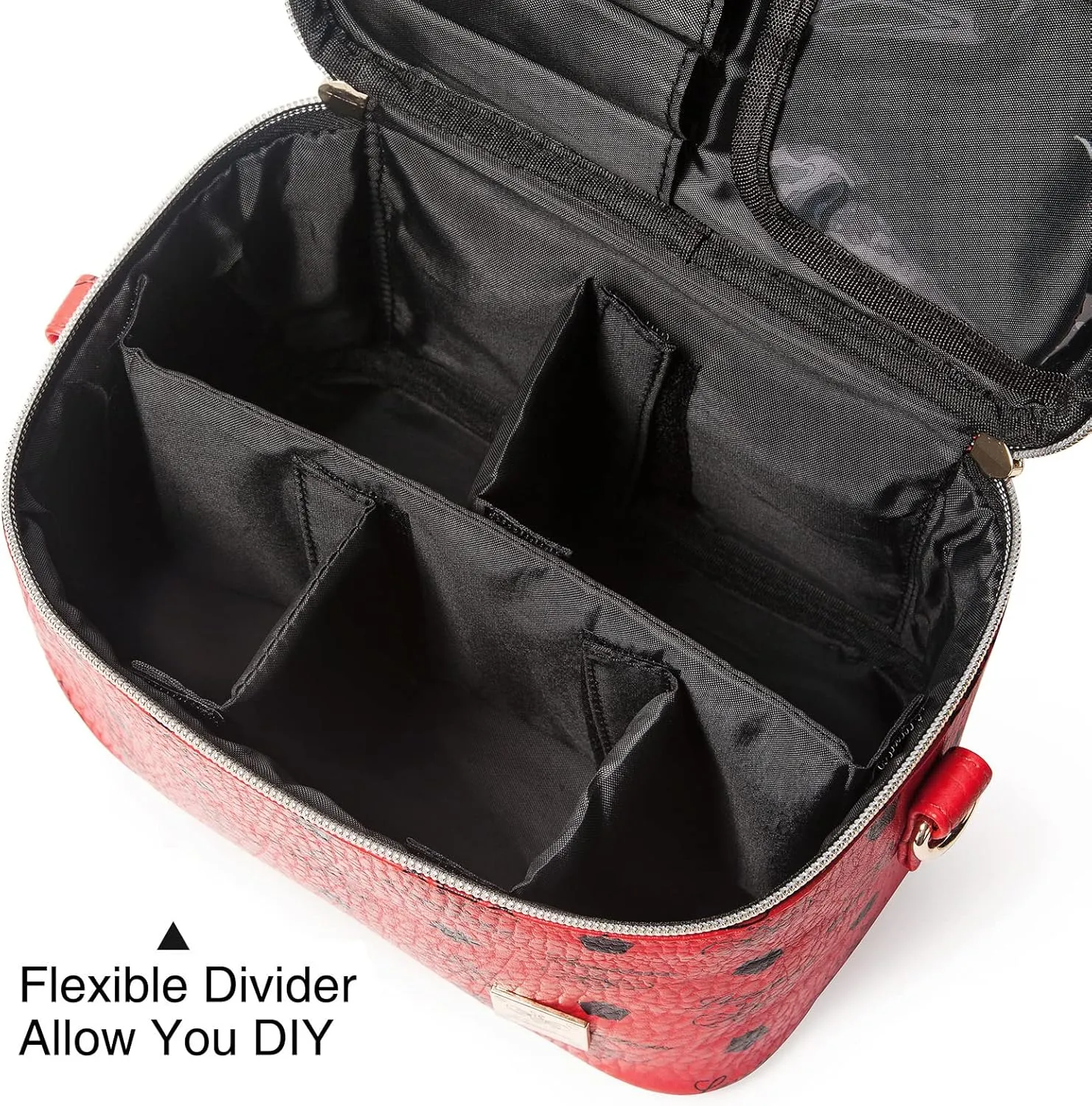 LACATTURA Travel Makeup Bag for Women, Leather Toiletry Bag, Cosmetic Case with Adjustable Divider, Portable Make Up Organizer, Brush Holder with Shoulder Strap, Beauty Storage Bags for Girls, Red