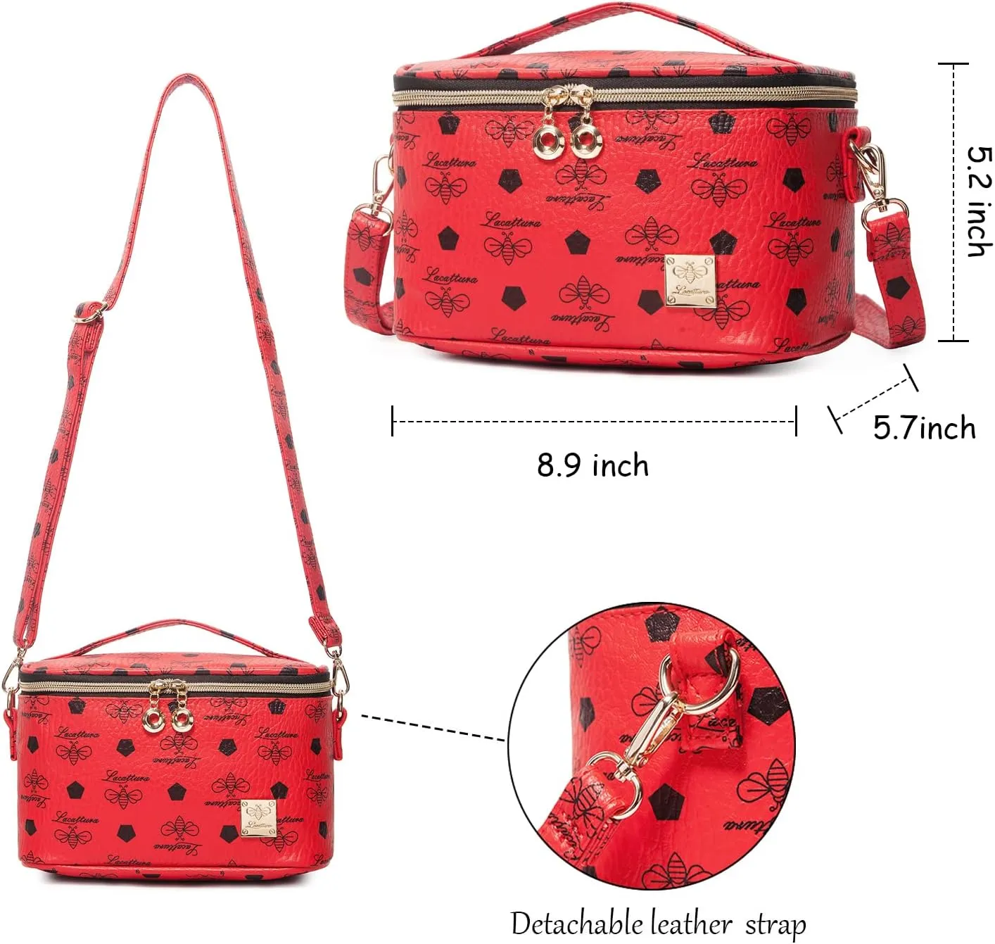 LACATTURA Travel Makeup Bag for Women, Leather Toiletry Bag, Cosmetic Case with Adjustable Divider, Portable Make Up Organizer, Brush Holder with Shoulder Strap, Beauty Storage Bags for Girls, Red