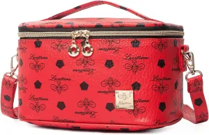 LACATTURA Travel Makeup Bag for Women, Leather Toiletry Bag, Cosmetic Case with Adjustable Divider, Portable Make Up Organizer, Brush Holder with Shoulder Strap, Beauty Storage Bags for Girls, Red