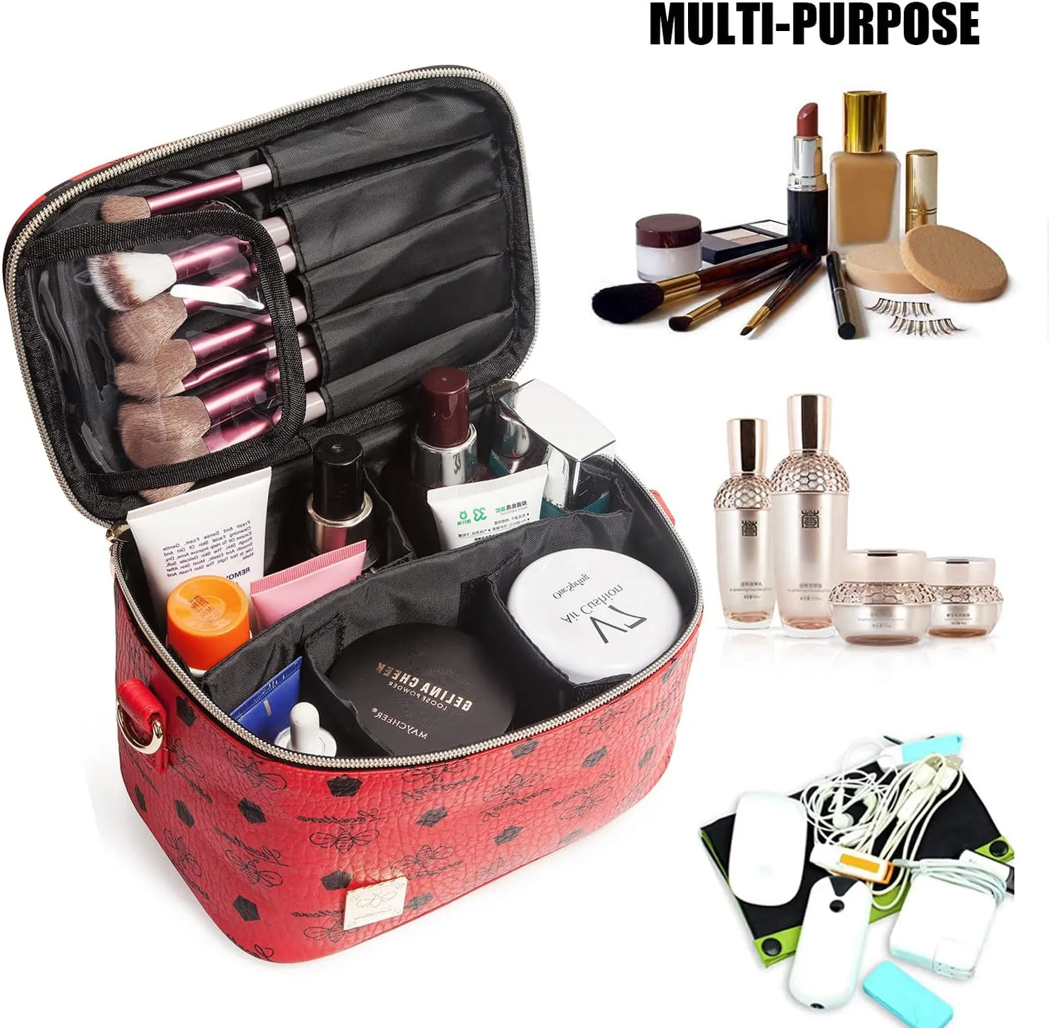 LACATTURA Travel Makeup Bag for Women, Leather Toiletry Bag, Cosmetic Case with Adjustable Divider, Portable Make Up Organizer, Brush Holder with Shoulder Strap, Beauty Storage Bags for Girls, Red