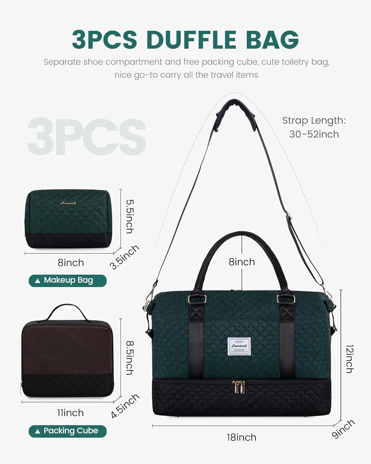 LOVEVOOK Travel Weekender Bag for Women, Carry on Overnight Bag with Shoe Compartment, Travel Duffle Bag Women, Yoga Gym Duffel Bag with Wet Pocket, Hospital Bags for Labor and Delivery, 3 Pcs Set