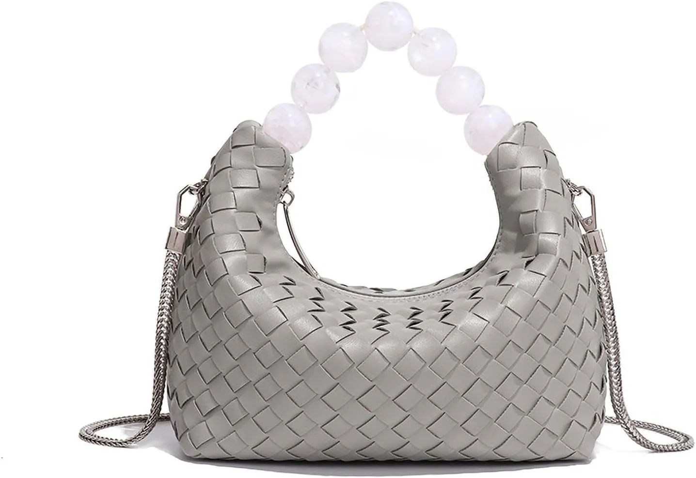 Mini Deluxe Leather Handmade Woven Women's Tote with Beaded Carrying Handle Age Reduced Elegant Chain Crossbody Bag